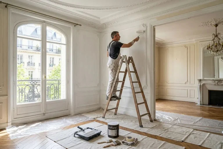 Homme peignant un mur dans un salon élégant, debout sur une échelle, avec pots et outils de peinture au sol; devis peinture appartement paris.