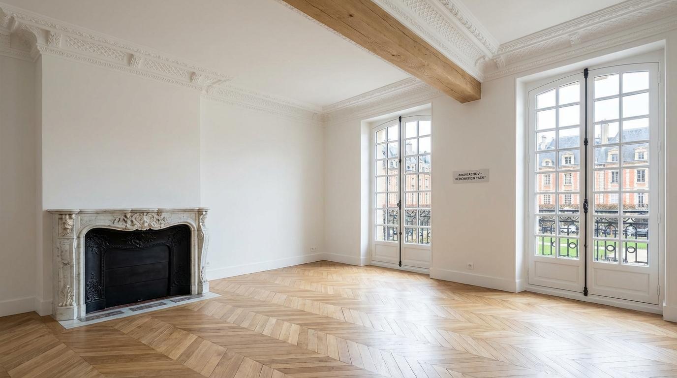 Salle lumineuse d’un appartement haussmannien avec parquet en chevrons, cheminée sculptée et grandes fenêtres donnant sur l’extérieur. rénovation appartement haussmannien paris.