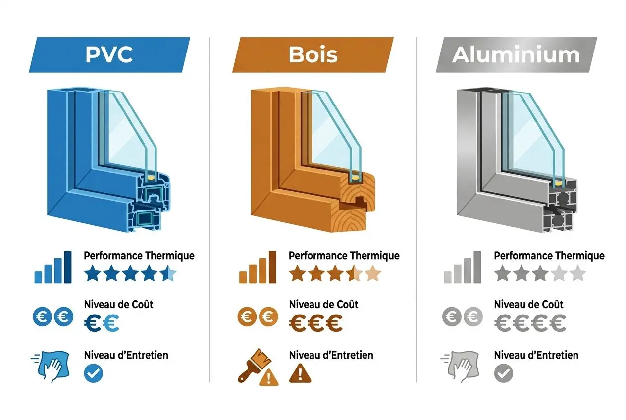 Trois profils de menuiseries: PVC, Bois et Aluminium, avec coupe transversale des cadres et vitrage. Indicateurs de performance thermique, coût et entretien.