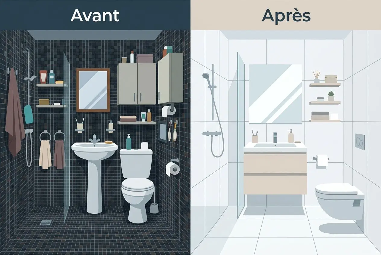 Avant et Après : rénovation salle de bain petit montre un espace salle de bain avant noir et compact puis après lumineuse et fonctionnelle avec rangements et lavabo moderne.