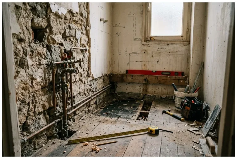 Chantier de rénovation: ancienne salle de bain en travaux, murs en pierre et plâtre dénudés, outils et niveau au sol, fenêtre déglacée et revêtement retiré. Rénovation salle de bain petit en cours.