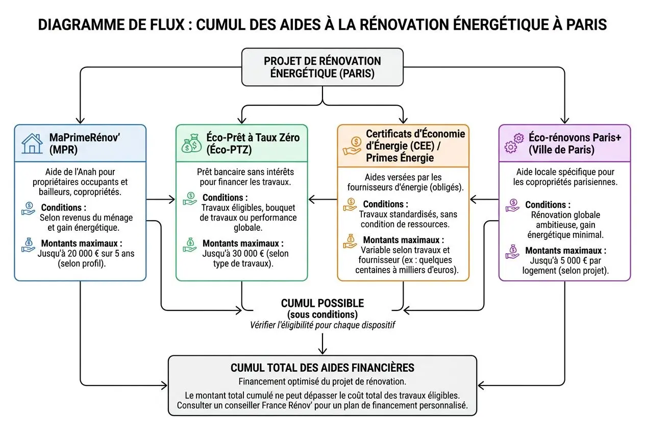 Diagramme de flux sur les aides à la rénovation énergétique à Paris, montrant MaPrimeRénov’, Eco-Prêt à Taux Zéro, Certificats d’économie d’énergie et Eco-rénovons Paris, avec cumul des aides et financement total potentiel. intégration: rénovation énergétique appartement paris.