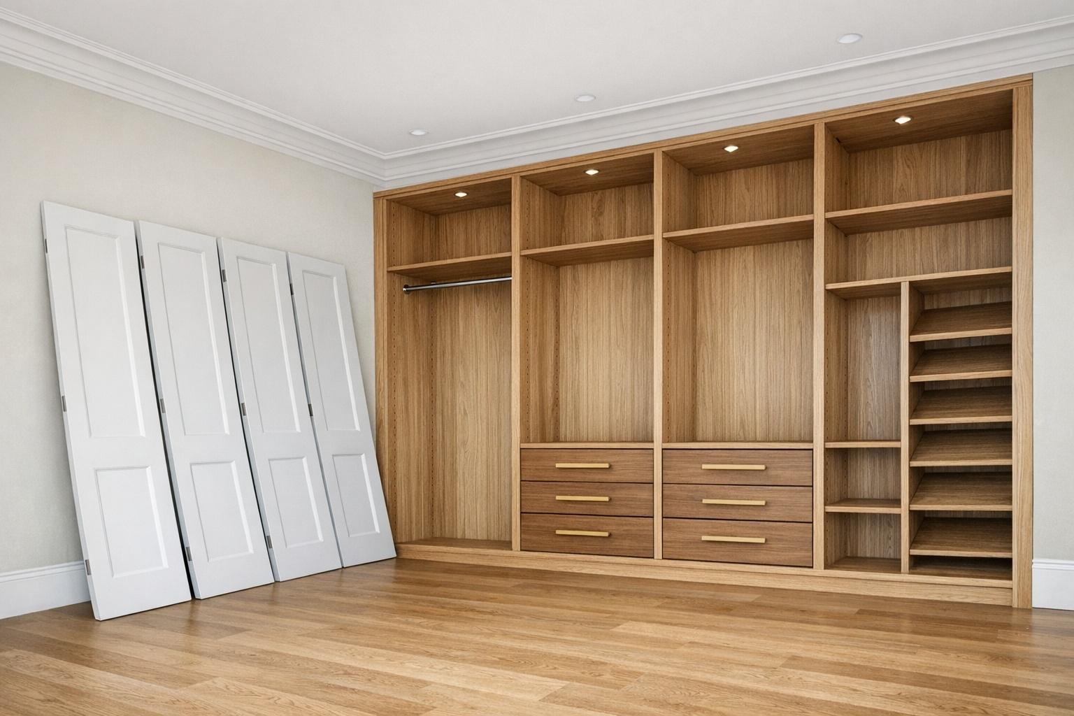 Rangement sur mesure en bois naturel avec penderie, tiroirs et étagères, prêt à être installé dans une rénovation d’intérieur à Paris pour optimiser le rangement.
