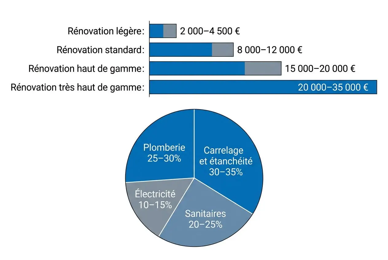 Rénovation salle de bain petit : graphique montrant coûts selon niveaux, et répartition secteur.