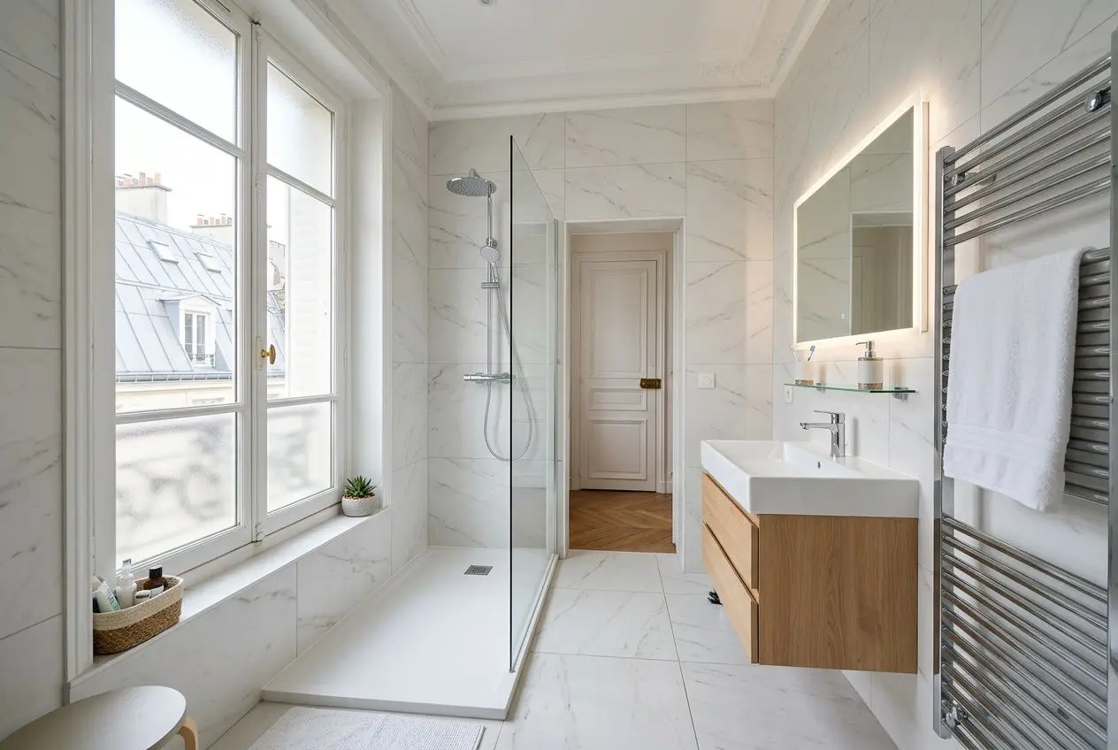 Salle de bains lumineuse et neutre avec douche à l’italienne, meuble lavabo en bois et grand miroir lumineux: un espace moderne. spécialiste salle de bain paris.