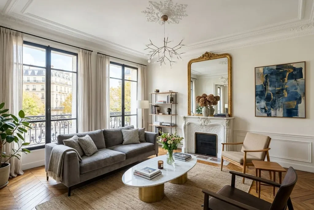 Salon lumineux avec grand posé près des fenêtres, canapé gris, table basse ronde et plantes. Cheminée ancienne et grand miroir doré, tableau moderne, fauteuils et bibliothèque sur parquet affichant une atmosphère de rénovations d’appartement 50m2.