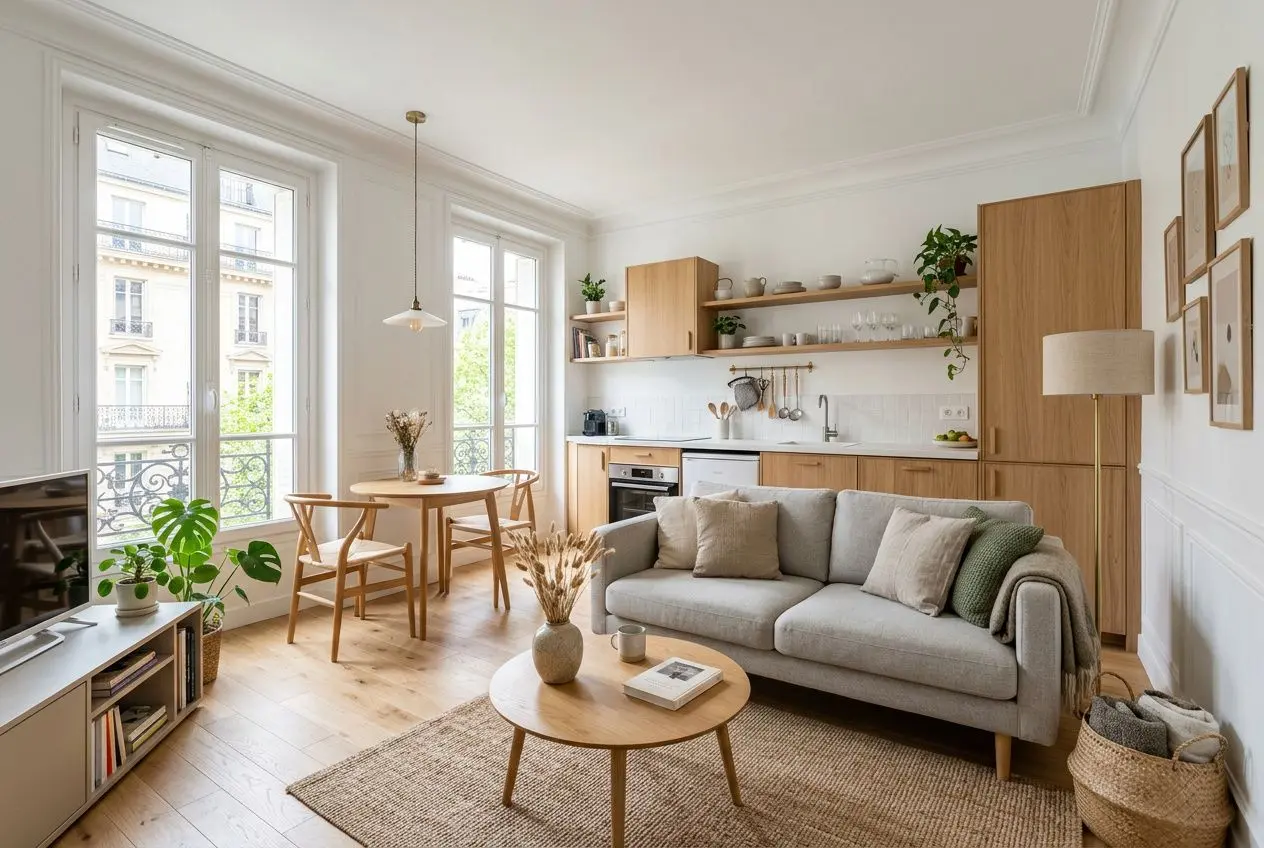 Coin salon et cuisine ouverte dans un petit appartement lumineux, with mezzanine? Wait. Let's craft properly. Description: Salon et cuisine ouverte dans un petit appartement 40m2 lumineux, canapé gris près d’une table basse ronde, cheminée et étagères bois, grand fenêtres, table à manger avec chaises, plantes et rangements fonctionnels.
