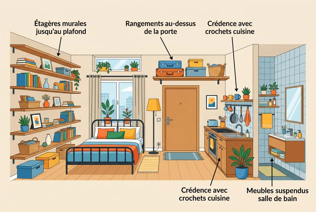 Cuisine et chambre dans un petit appartement 40m2 avec étagères murales jusqu’au plafond, rangement au-dessus de la porte, crédence et crochets en cuisine, meuble suspendu dans la salle de bain et espaces déco. Aménagement petit appartement 40m2.