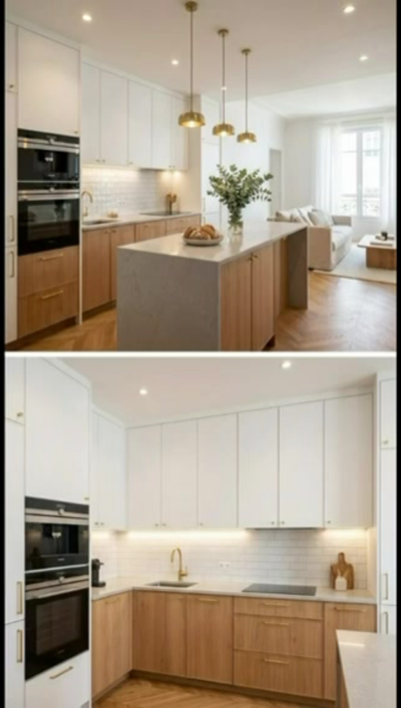 Cuisine moderne avec îlot central et rangements blancs, ambiance lumineuse et espace ouvert, idéale pour une rénovation intérieure complète.