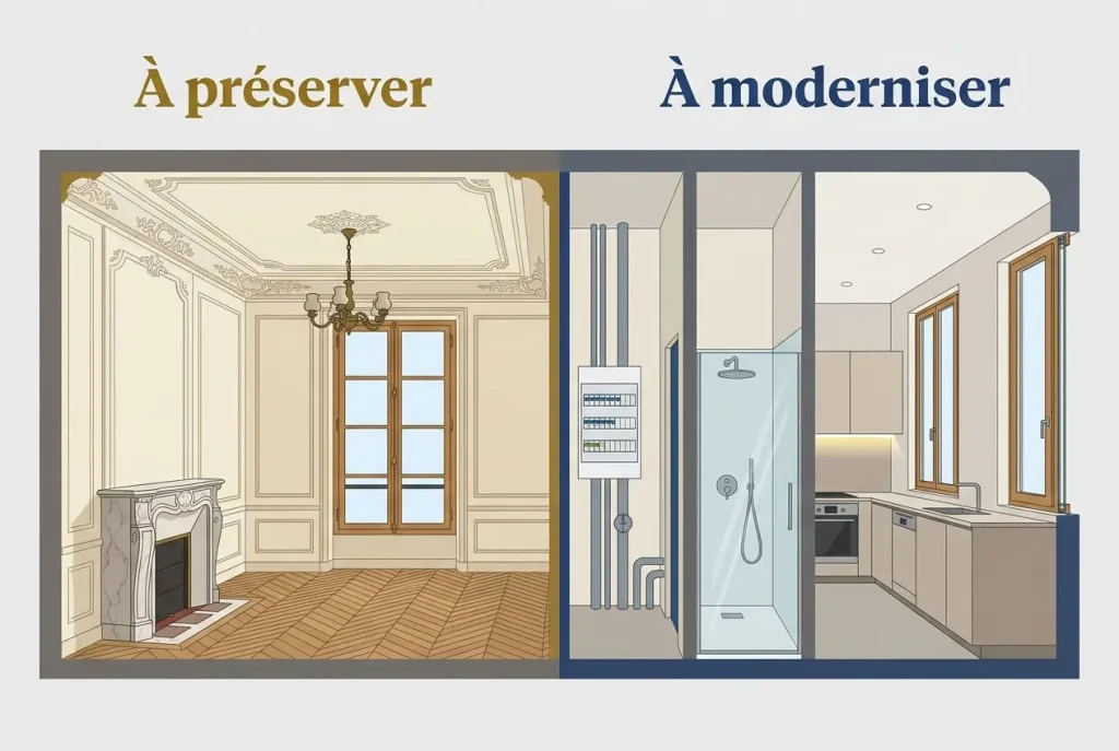 Deux côtés contrastés : à gauche, un intérieur ancien à préserver avec boiseries et cheminée; à droite, une cuisine moderne et une salle de douche. Alt text intégrant le mot clé: "rénovation appartement 70 m2" s'insère naturellement comme cadre de comparaison.