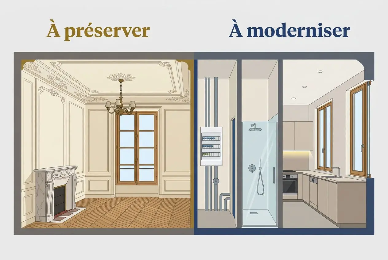 Deux côtés contrastés : à gauche, un intérieur ancien à préserver avec boiseries et cheminée; à droite, une cuisine moderne et une salle de douche. Alt text intégrant le mot clé: "rénovation appartement 70 m2" s'insère naturellement comme cadre de comparaison.