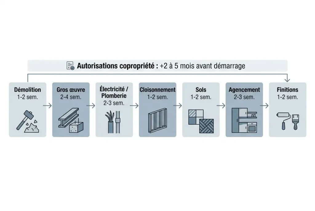 Diagramme des étapes rénovation appartement montrant démolition, gros œuvre, électricité/plomberie, cloisonnement, sols, agencement et finitions, avec durées indicatives. intégration : étapes rénovation appartement.