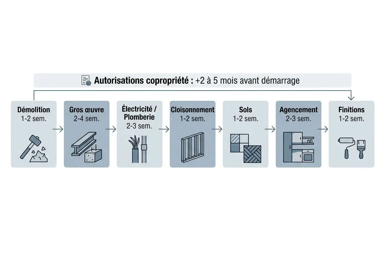 Diagramme des étapes rénovation appartement montrant démolition, gros œuvre, électricité/plomberie, cloisonnement, sols, agencement et finitions, avec durées indicatives. intégration : étapes rénovation appartement.