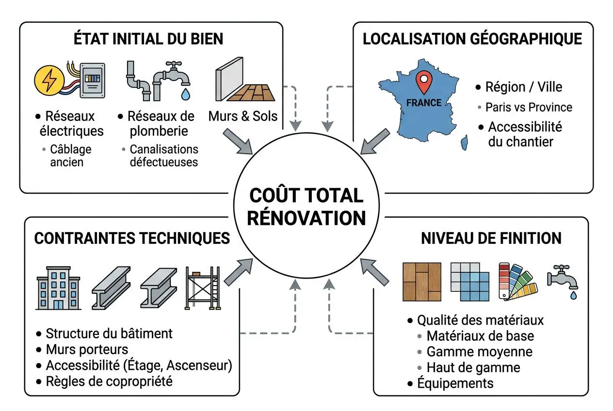 Diagramme explicatif des coûts: « Coût total rénovation » au centre, flèches vers 4 rubriques: État initial du bien, Localisation géographique, Contraintes techniques et Niveau de finition. Petites icônes (électricité, plomberie, murs et sols, bâtiment, matériaux et outils) et points clés sous chaque catégorie.
