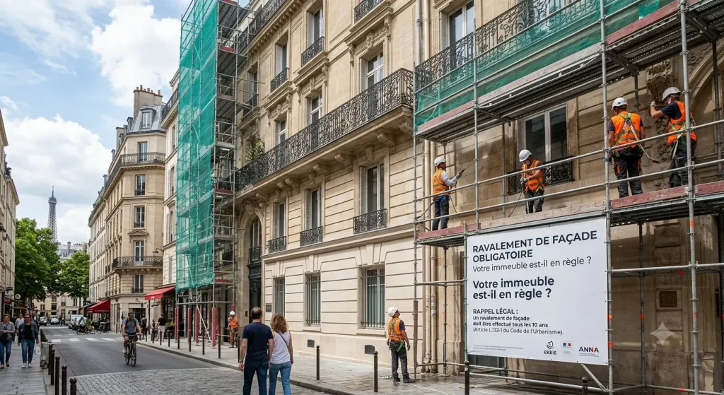 Ouvriers de chantier en vestes orange sur une façade en rénovation, échafaudages et filet vert, rue parisienne.