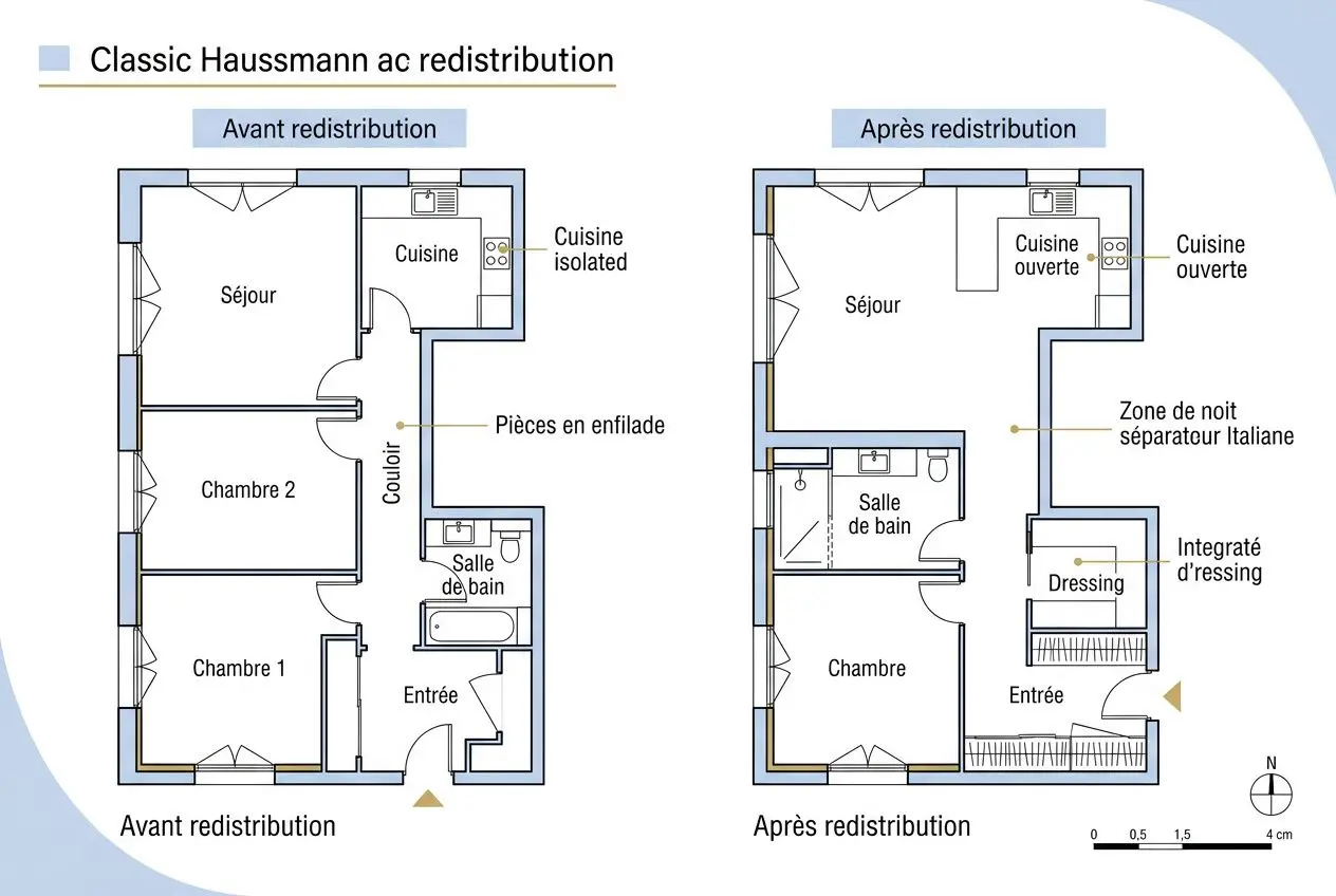 Plan appartement haussmannien: avant/après redistribution montrant cuisine ouverte, séjour et chambres, couloir central et salle de bains.