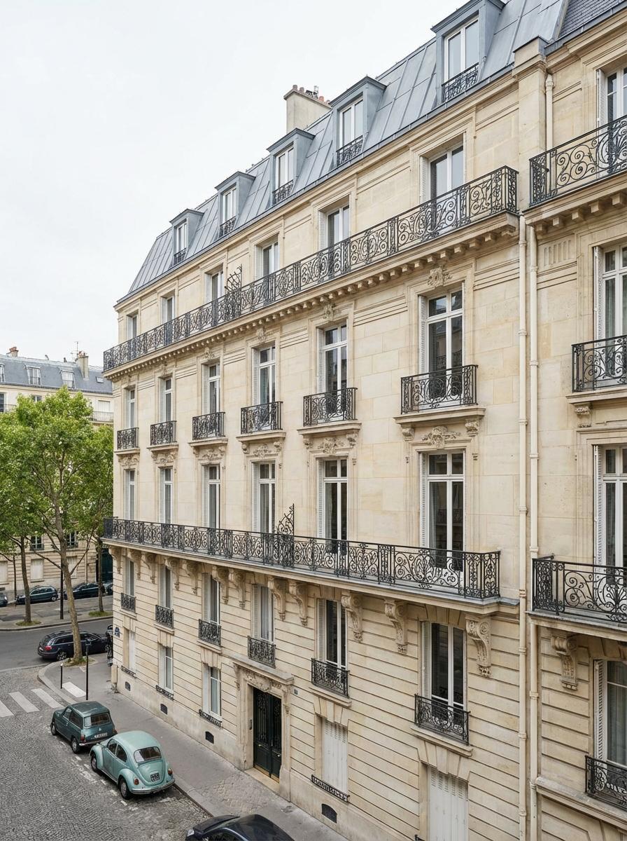 Plan appartement haussmannien : façade élégante d’immeuble parisien avec balcons en fer forgé et rues pavées.