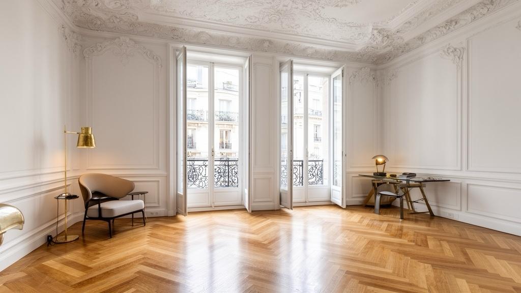 Plan d’un appartement haussmannien lumineux avec parquet en chevrons, grandes fenêtres et décor mural classique.