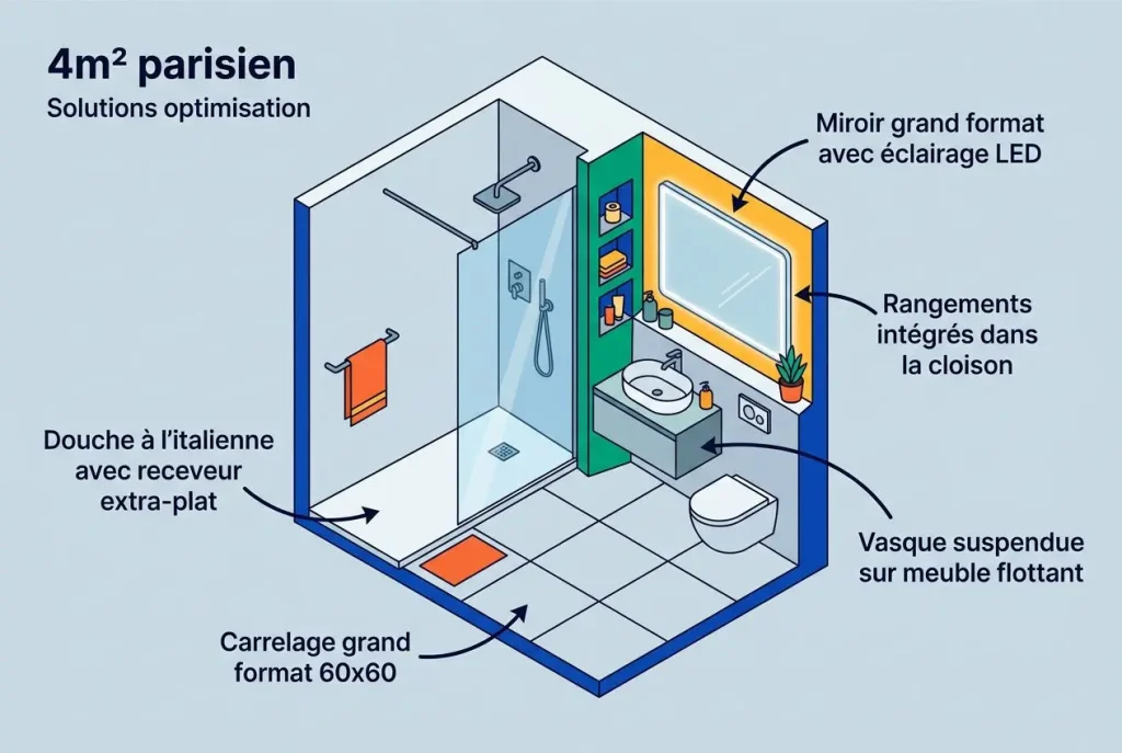 Plan de salle de bain moderne en 4m² parisien avec douche, WC suspendu et rangements intégrés, illustrant une rénovation salle de bain avant/aprés.