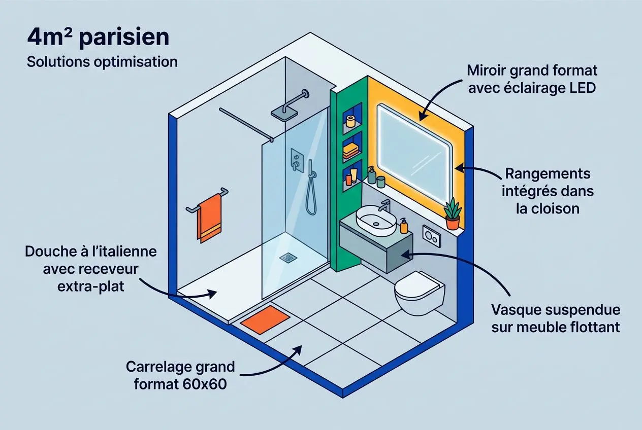 Plan de salle de bain moderne en 4m² parisien avec douche, WC suspendu et rangements intégrés, illustrant une rénovation salle de bain avant/aprés.