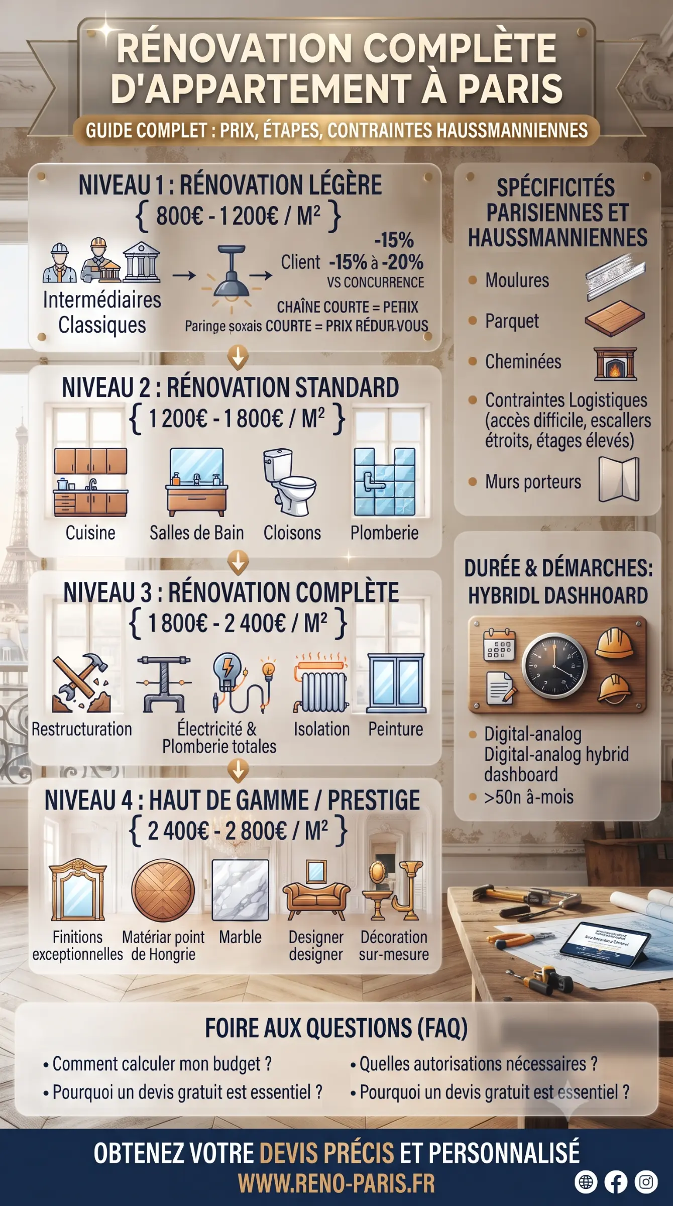 Rénovation complète d'appartement à Paris: infographie détaillant niveaux de rénovation, prix au m² et spécificités parisiennes, avec icônes et exemples de matériaux.