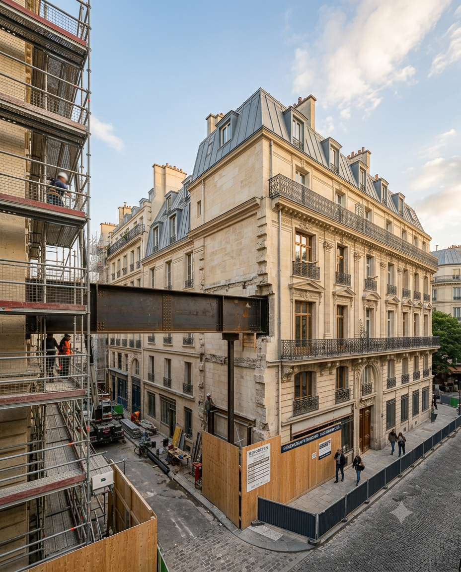 Chantier de rénovation urbain avec échafaudages sur un immeuble ancien; zone de travail et barrière de sécurité, panneaux d’information, et ouvriers visibles. sélection entreprises rénovation fiables intégrée naturellement.