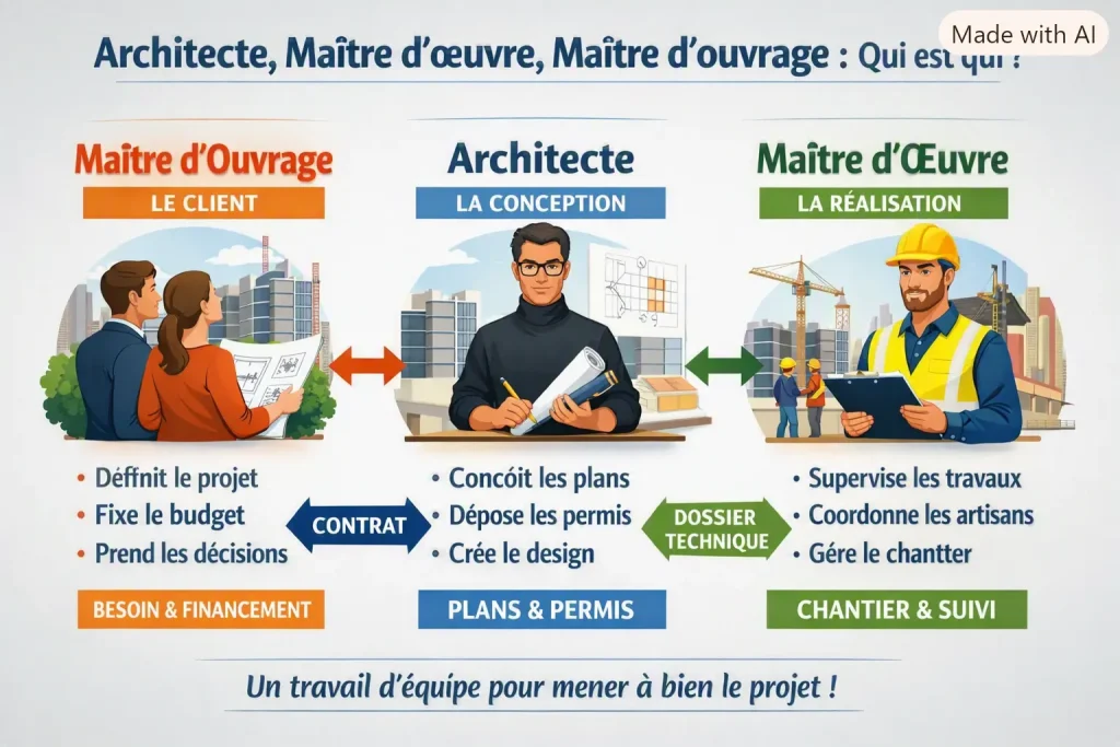 Diagramme illustrant les rôles dans un projet de rénovation: Maître d’Ouvrage (client), Architecte (conception) et Maître d’Oeuvre (réalisation) avec flux contractuel, plans, permis et suivi chantier.