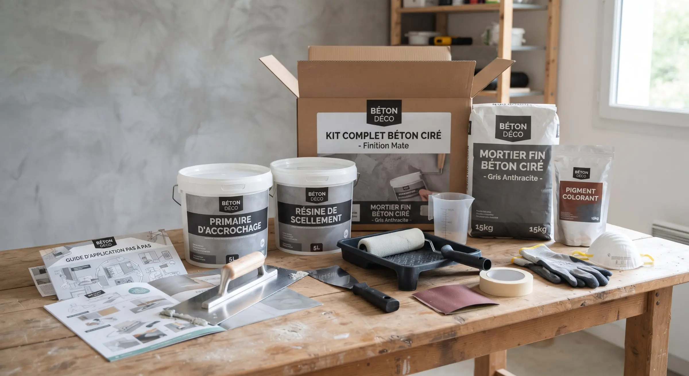 Équipement de rénovation sur une chaîne de travail : sacs et pots de mortier et résines, outils et planches sur une table en bois dans un atelier lumineux.