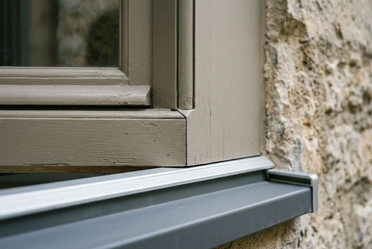 Fenêtre à cadre bois sur mur en pierre, avec rebord et isolant PVC gris en dessous, illustration de choix de menuiseries.