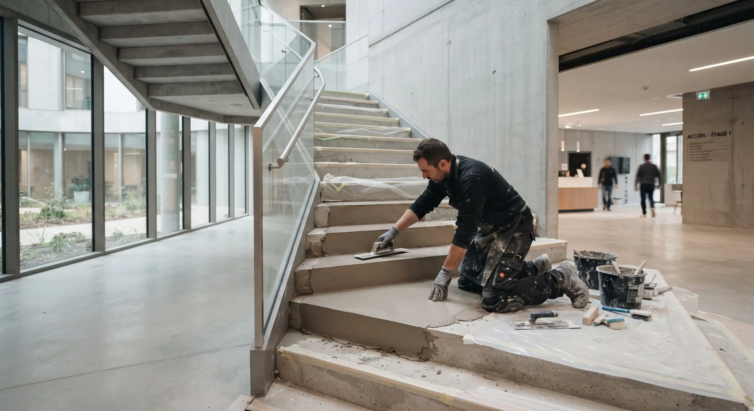 Homme en travaux sculptant des marches en béton dans un hall lumineux, matériel et poussière autour.