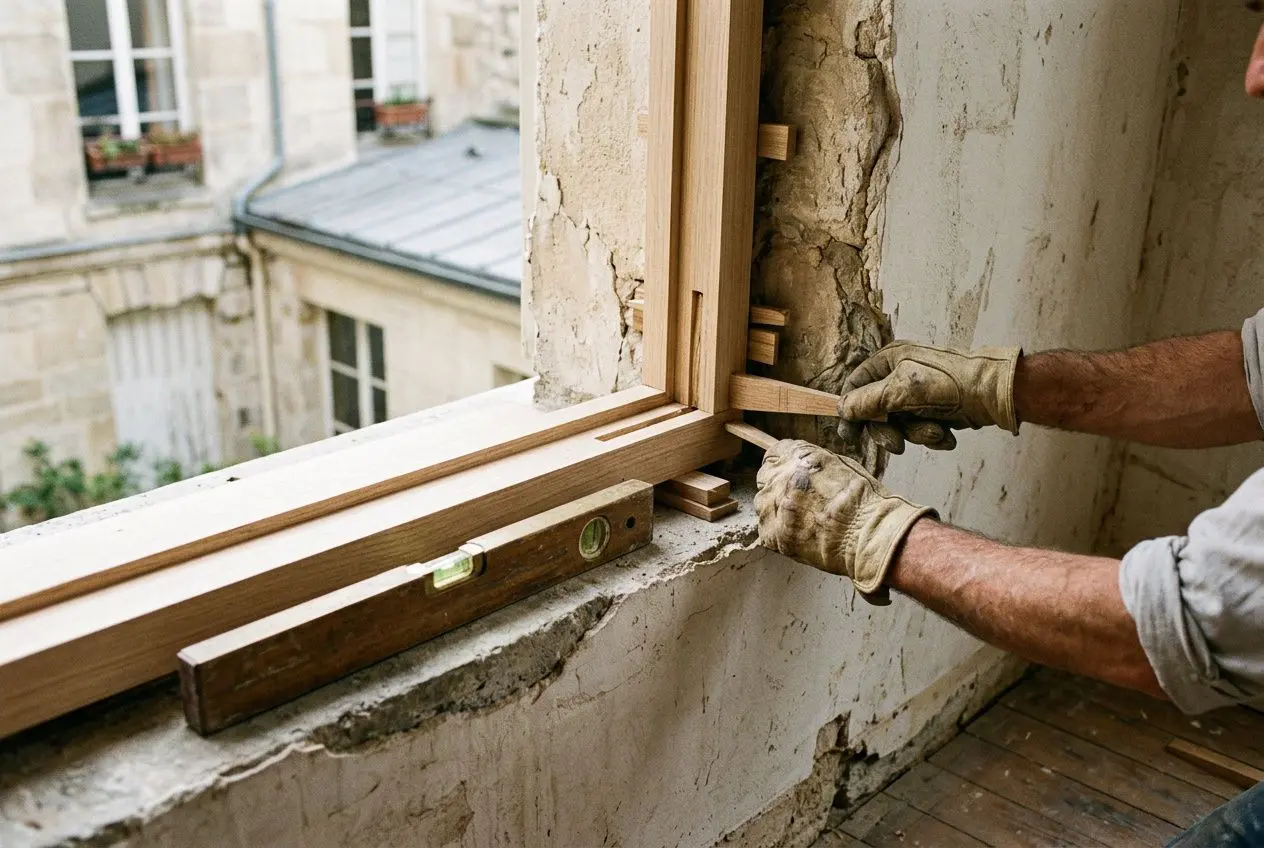Installation d’une fenêtre en bois à la française, cadre posé en intérieur avec niveau, en vue d’une future “fenetre sur mesure paris”