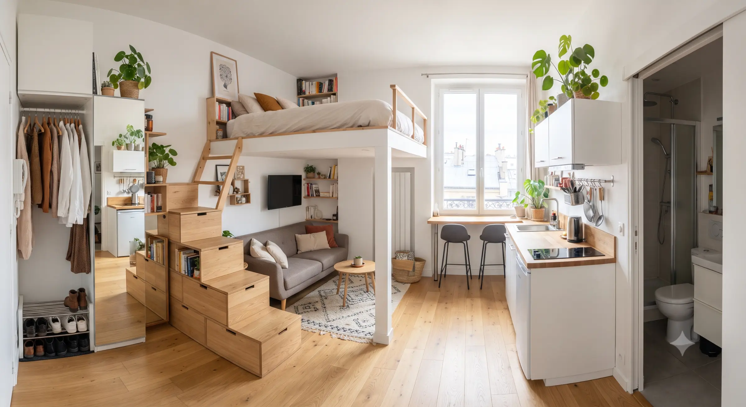 Mini-appartement modernisé avec lit en mezzanine, escalier en bois, coin salon, cuisine ouverte et rangements sur mesure. Mini-appartement modernisé avec lit en mezzanine, escalier en bois, coin salon, cuisine ouverte et rangements sur mesure.