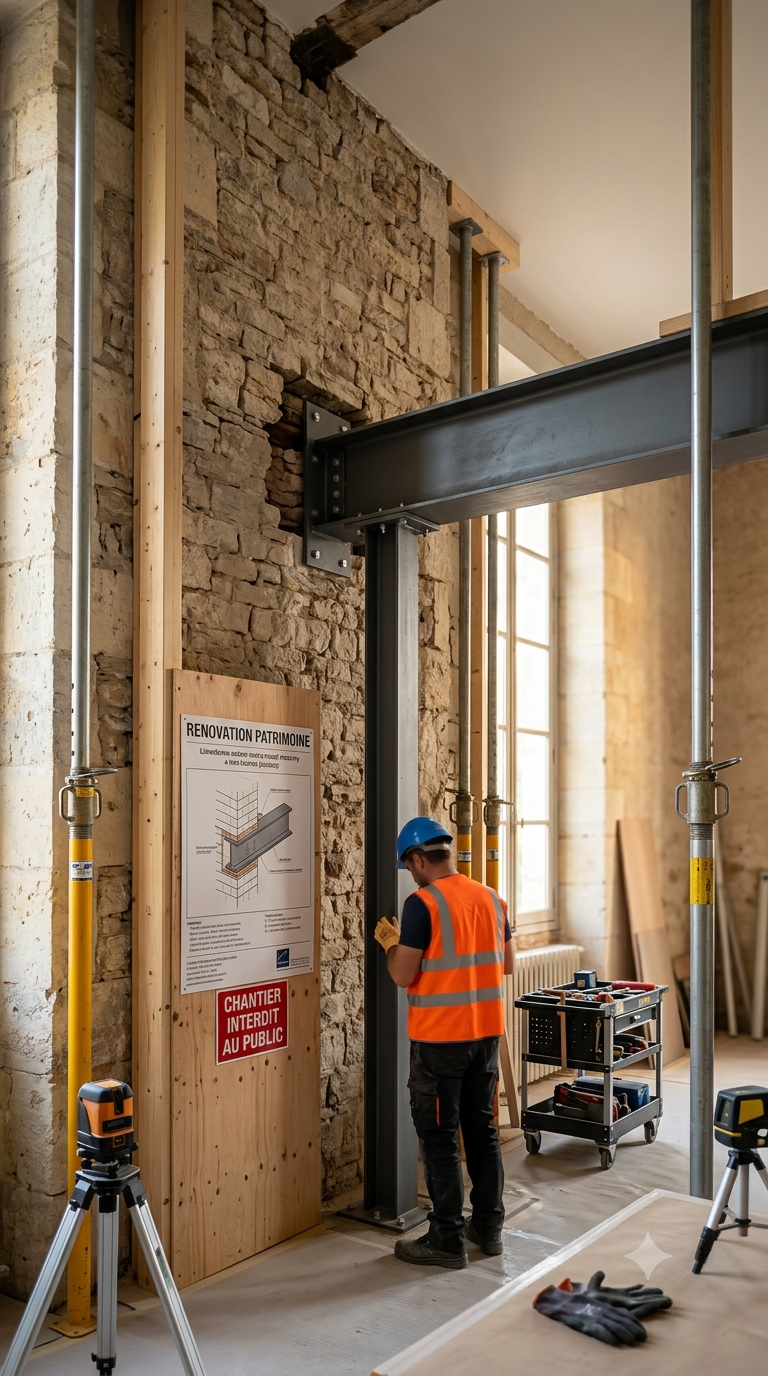 Ouvrier en gilet orange et casque bleu sur un chantier de rénovation, près d’un mur en pierre et une structure métallique; affiches et outils de construction visibles. intégrant la phrase clé: sélection entreprises rénovation fiables.