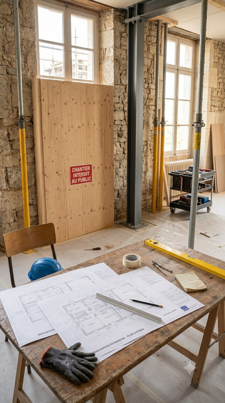Plan de chantier intérieur en rénovation avec plans, outils et équipements de sécurité; signalisation "chantier interdit au public" sur une cloison en bois. Sélection entreprises rénovation fiables.