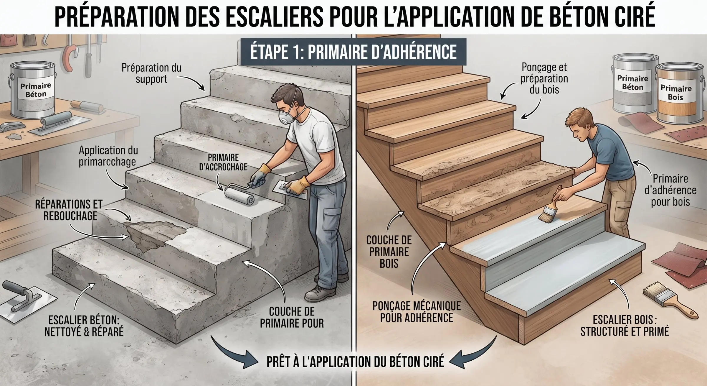 Préparation des escaliers pour l’application de béton ciré, démonstration étape par étape avec calepinage et finitions.