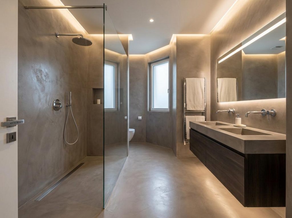 Salle de bain moderne avec douche à l’italienne en verre et lavabo double sur meuble bois, éclairage indirect lumineux et murs en béton ciré salle de bain.