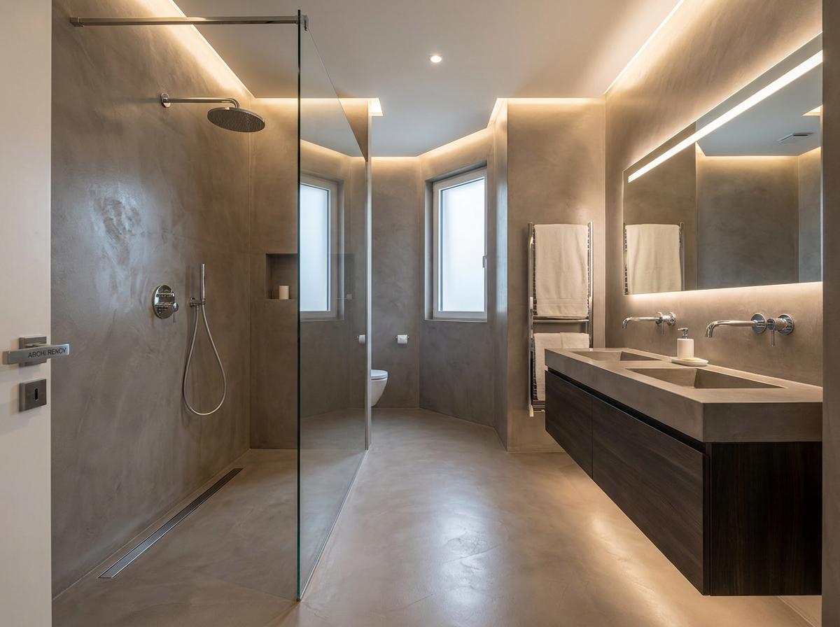 Salle de bain moderne avec douche à l’italienne en verre et lavabo double sur meuble bois, éclairage indirect lumineux et murs en béton ciré salle de bain.