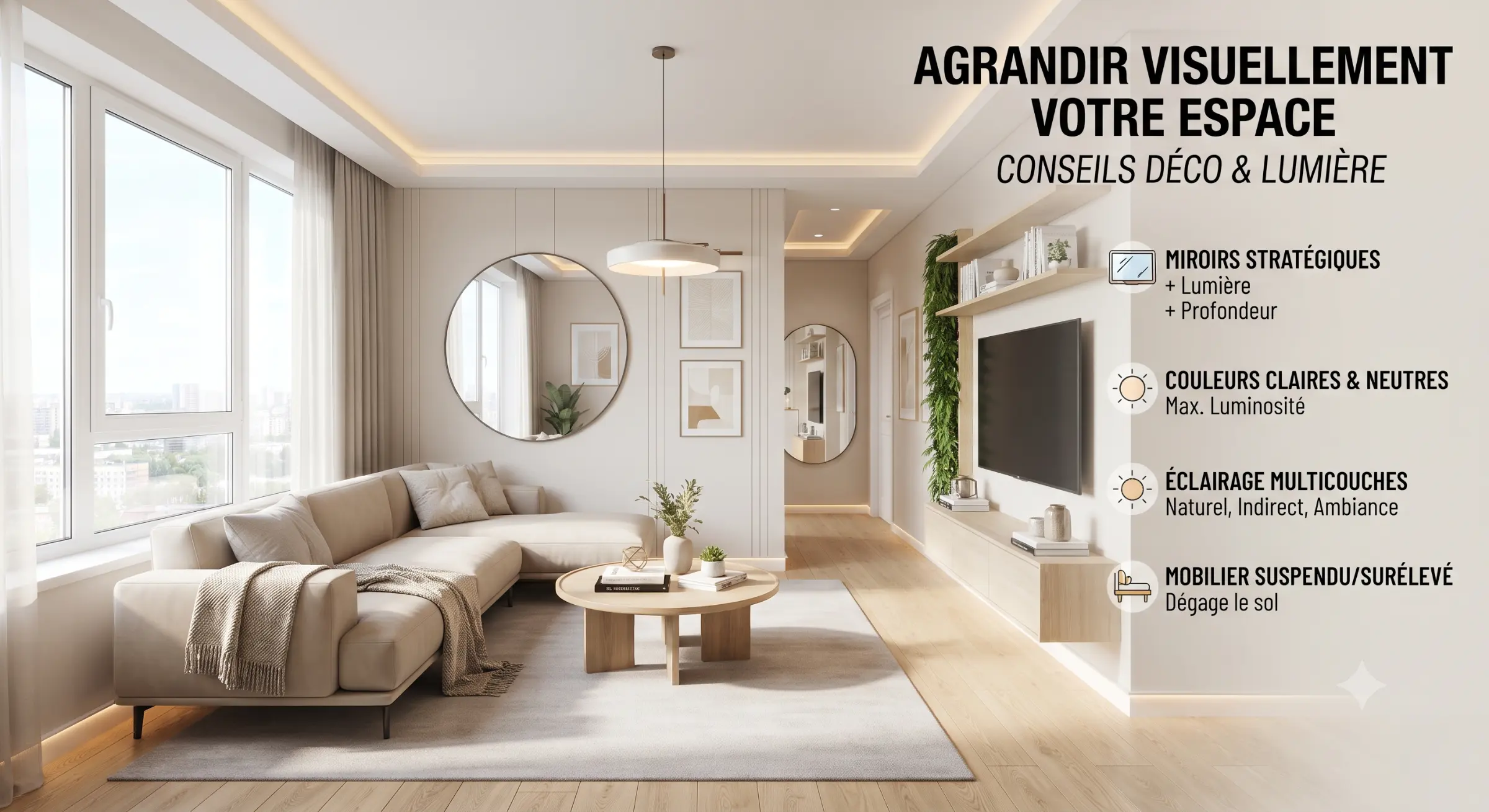 Salon lumineux au décor moderne avec canapé beige, miroir rond et écran mural; texte à droite décrit des conseils déco et éclairage, miroirs stratégiques, couleurs neutres et mobilier suspendu. Salon lumineux au décor moderne avec canapé beige, miroir rond et écran mural; texte à droite décrit des conseils déco et éclairage, miroirs stratégiques, couleurs neutres et mobilier suspendu.