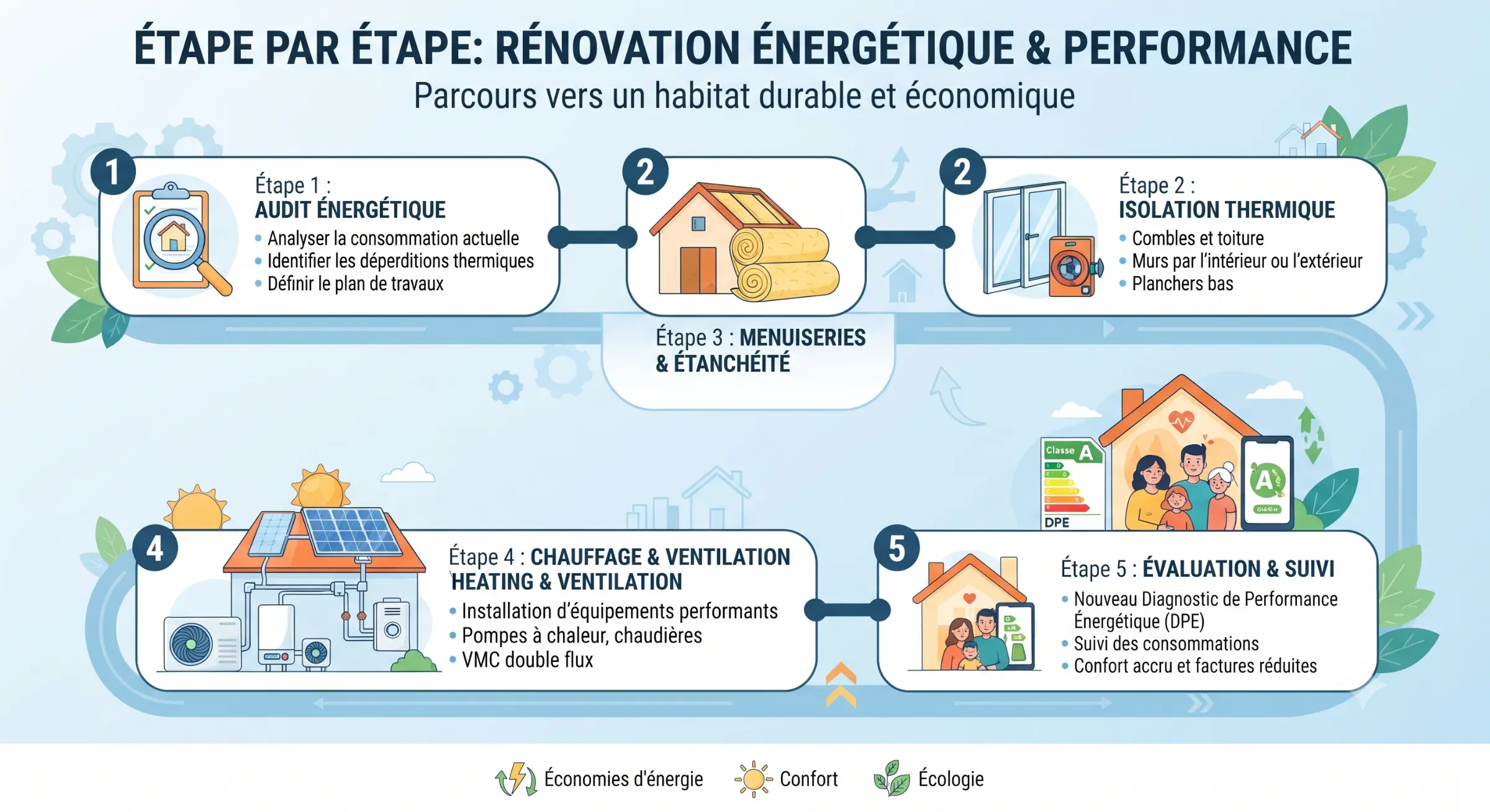 Schéma étape par étape sur la rénovation énergétique et performance: duclementr, avec étapes d’audit énergétique, menuiseries et étanchéité, isolation thermique, chauffage et ventilation, et évaluation & suivi. Maître d'œuvre ou architecte pour rénovation: rôle et missions guidant le maître d’ouvrage.