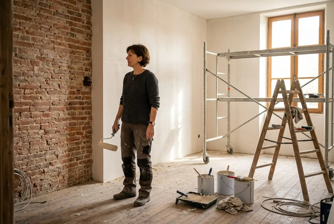 Accompagnateur rénov est-il obligatoire : femme sur un chantier en intérieur, rouleau de peinture et outillage, escabeau et murs en cours de rénovation.