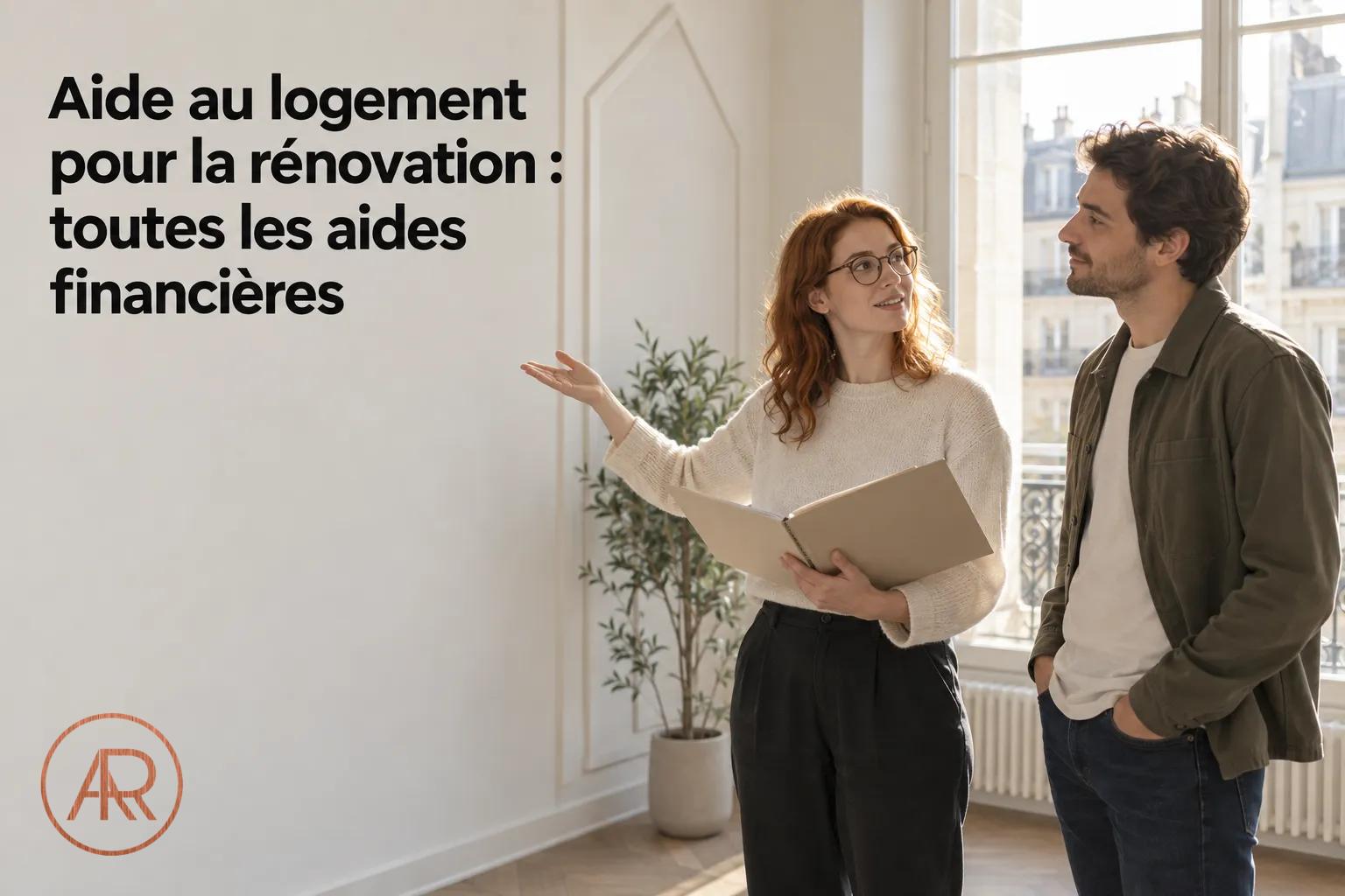 Aide au logement pour la rénovation : deux interlocuteurs discutant, femme tenant un carnet, homme à côté dans un intérieur lumineux. aide au logement pour les travaux de rénovation les aides financières.