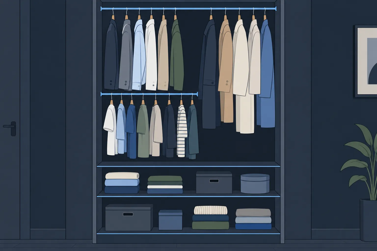 Armoire ouverte montrant des vêtements suspendus et des étagères avec des piles de linge et boîtes de rangement.