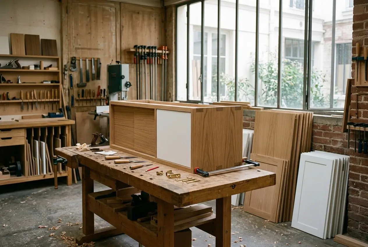 Atelier d’ébénisterie lumineux avec meuble en bois sur plan de travail, outils et planches posés, ambiance d’agencement ile de france.