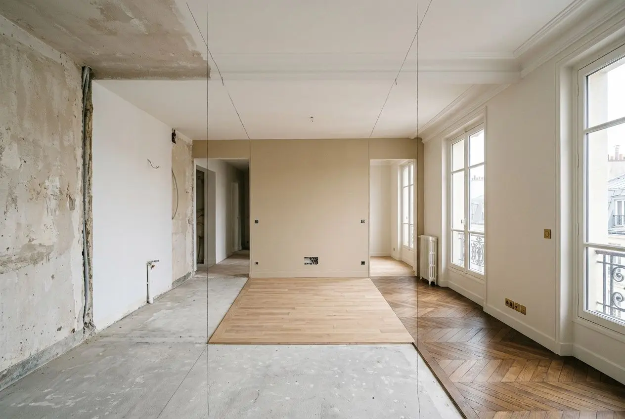 Chambre en travaux, parquet partiel posé au sol et murs partiellement rénovés, grande baie vitrée et lumière naturelle. au m2 rénovation complète appartement