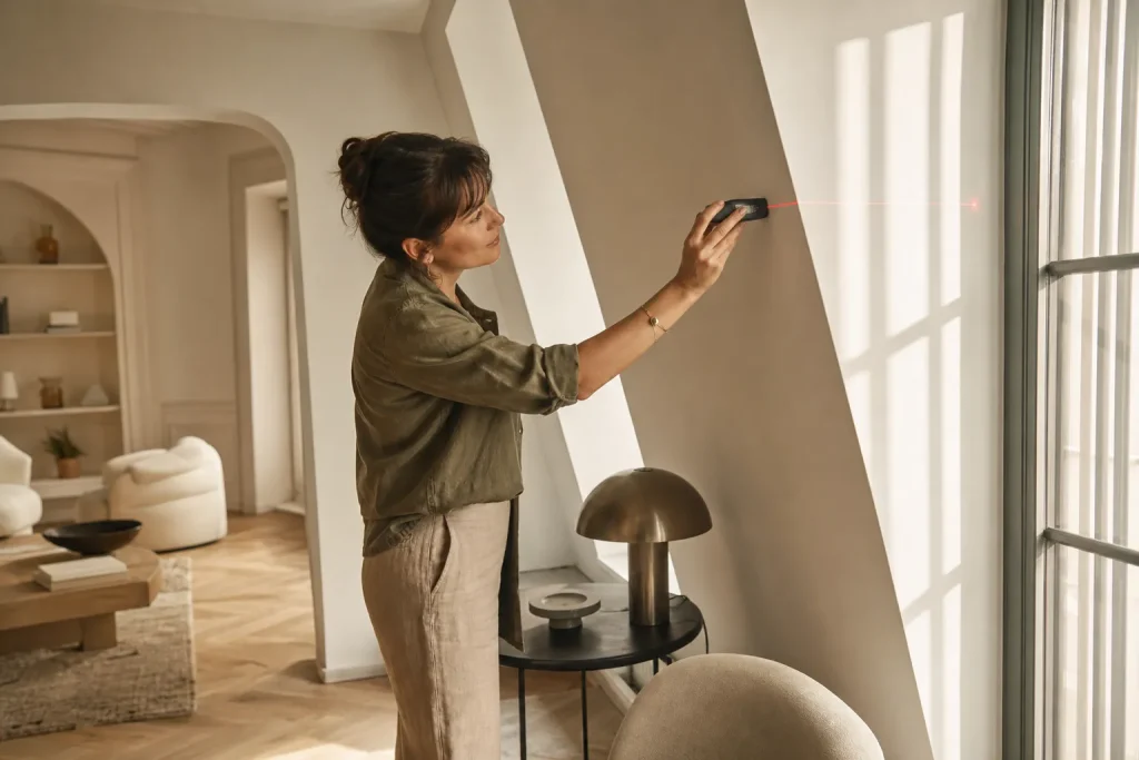 Consultante en agencement intérieur appartement paris utilisant un laser pour mesurer une façade intérieure lumineuse et moderne.