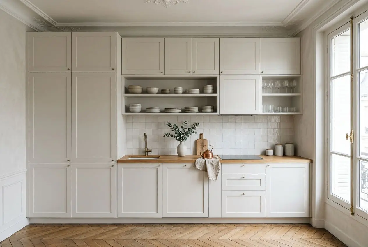 Cuisine lumineuse avec rangement intégré et agencement intérieur appartement épuré, murs clairs, plan de travail bois et rangements ouverts.