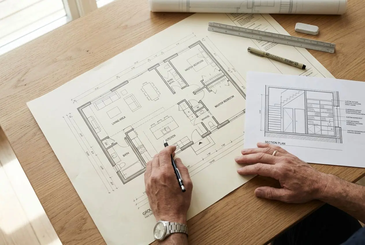 Dessins d’architecture sur une table: plans d’agencement intérieur appartement tracés par un homme tenant un crayon, avec règle et esquisses supplémentaires.