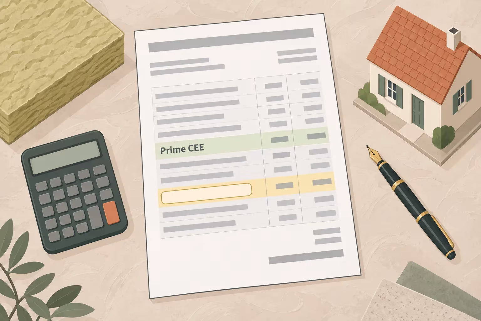 Document affichant une feuille avec le titre Prime CEE, entourée d’un calculateur, d’un stylo plume et d’une petite maquette