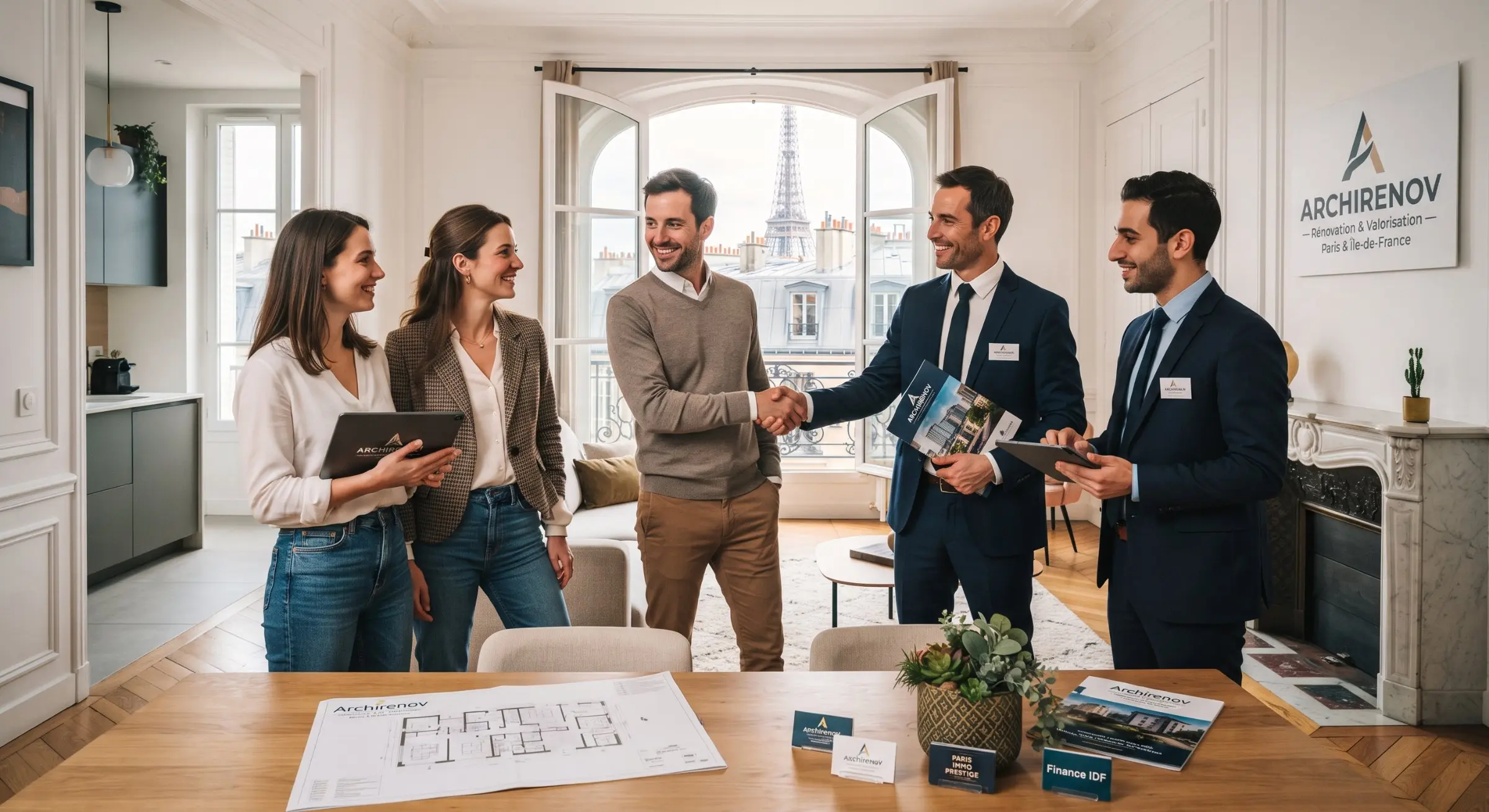 Equipe de professionnels en réunion dans un open space élégant, échange de sourires et poignées de main. Plans et brochures sur la table, ambiance professionnelle. ARCHIRENOV présente son expertise rénovation complète.