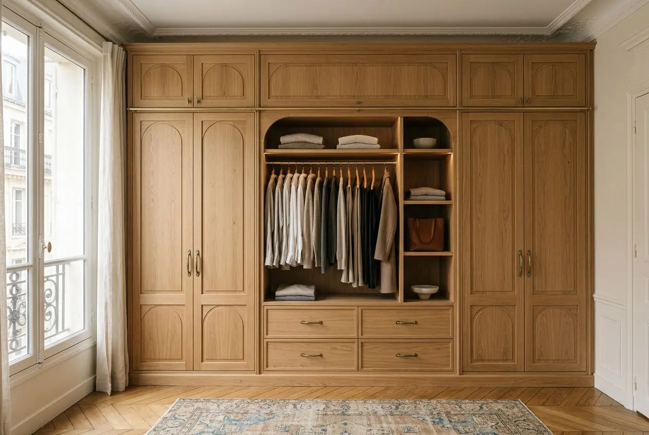 Grand dressing en bois naturel intégré sur mesure, avec penderie centrale, tiroirs et étagères ouvertes, dans une chambre lumineuse. agencement d intérieur paris.
